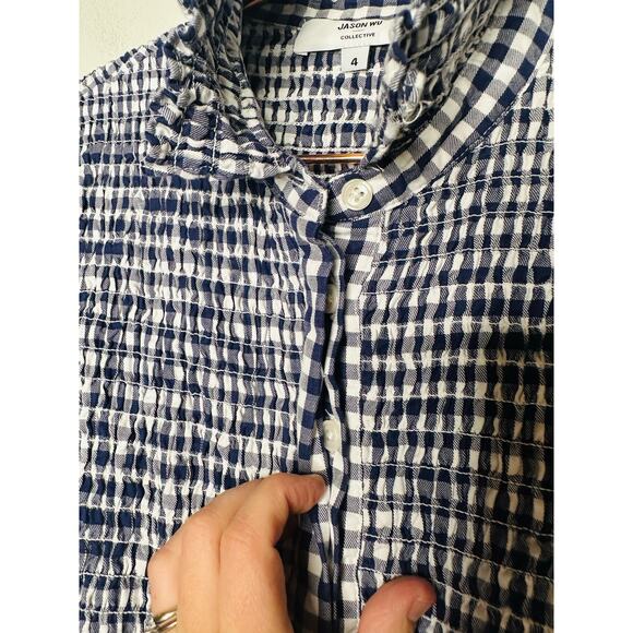 JASON WU COLLECTIVE Navy White Gingham Smocked Collared Mini Dress Size 4 - Picture 9 of 11